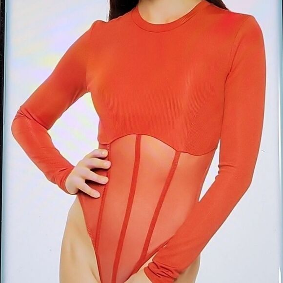BRAND NEW LONG SLEEVES MESH INSERT HIGH NECK SOLID SHEER THONG SNAP BODYSUIT - Picture 1 of 16